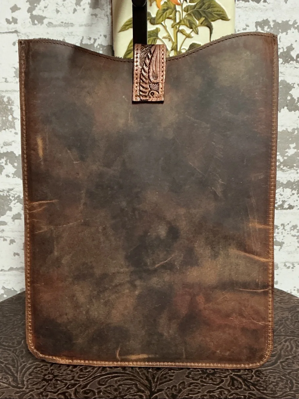 Tooled Leather & Cowhide Tote Bag - Brown & White